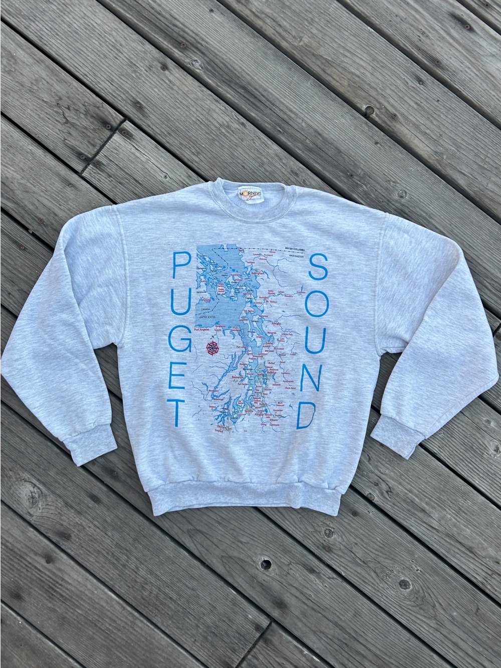 90s Vintage Puget Sound Map Cotton Crewneck Sweatshirt Small Gray Washington